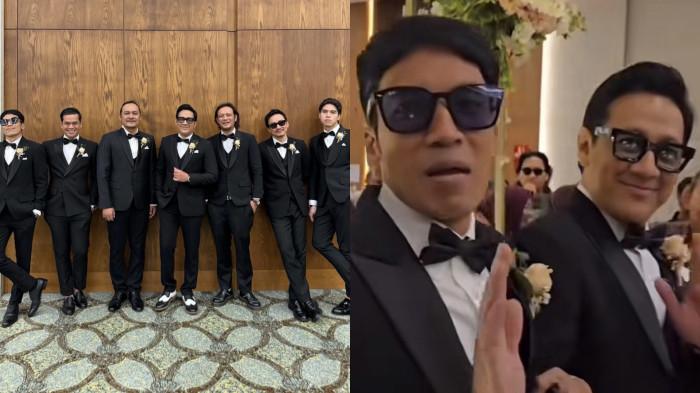 PESTA MERIAH - Momen artis Desta Mahendra dan Andre Taulany berpasangan jadi groomsmen di pernikahan Boiyen dicapture Minggu (16/11/2025). 