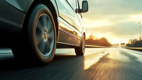 A vehicle on the highway at sunset