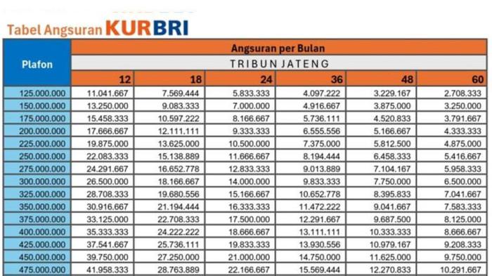 KUR BRI 2026 - Tabel angsuran KUR BRI 2026 Januari Rp 125 Juta hingga Rp 500 Juta  (TRIBUN JATENG/Puspita Dewi)