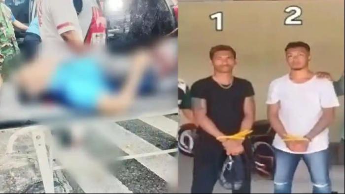 (kiri-kanan) Ketua DPD Partai Golkar Kabupaten Maluku Tenggara, Agrapinus Rumatora alias Nus Kei tergeletak setelah ditusuk senjata tajam di Bandara Karel Sadsuitubun, Langgur, Minggu (19/4/2026). Foto dua pelaku yang berhasil ditangkap polisi.