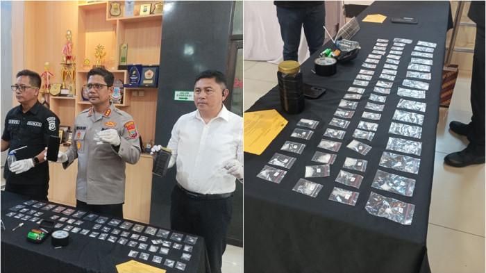 NARKOBA - Foto Kapolresta Manado Kombes Pol Irham Halid saat menunjukan barang bukti narkoba jenis sabu, Selasa (21/4/2026). Dua pelaku pengedar narkoba ditangkap Polresta Manado.
