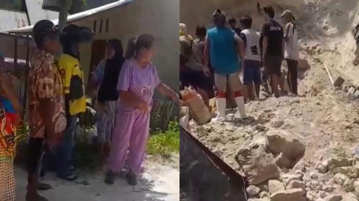 TANAH LONGSOR -- Kolase video warga menyaksikan evakuasi korban longsor di Kelurahan Buliide, Kota Gorontalo. (Tangkapan layar Facebook Mey Ishak)