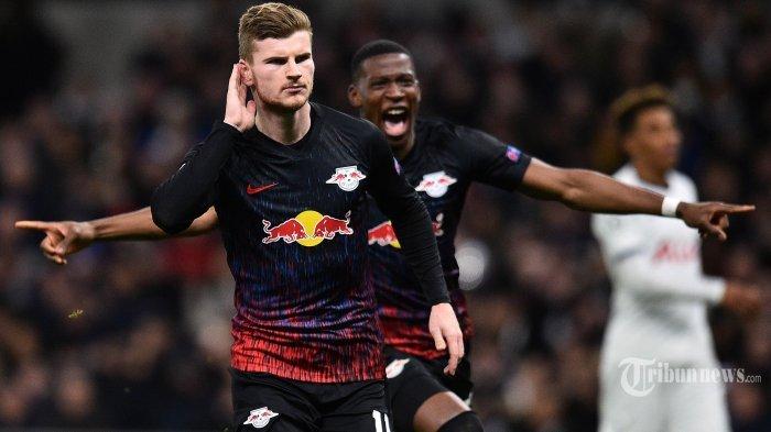 LEIPZIG MENANG TIPIS - Pemain RB Leipzig Timo Werner merayakan golnya ke gawang Tottenham Hotspur dalam pertandingan Babak 16 besar Liga Champions di Tottenham Hotspur Stadium, London, Rabu (19/2/2020).
