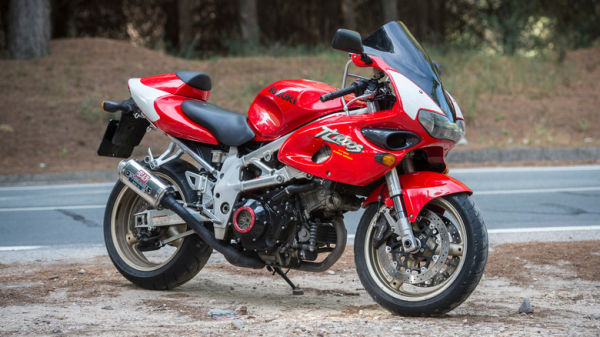A Suzuki TL1000S parked on the side of a forest road, front 3/4 view