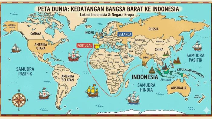 KUNCI JAWABAN. Poster peta dunia yang menunjukkan rute kedatangan bangsa Barat ke Indonesia, seperti Portugis, Spanyol, dan Belanda, dalam pelajaran IPS kelas 8 Bab 4 tentang Perubahan Masyarakat Indonesia pada Masa Penjajahan dan Tumbuhnya Semangat Kebangsaan. Kedatangan bangsa-bangsa Eropa ini menjadi awal masuknya kolonialisme di Nusantara.