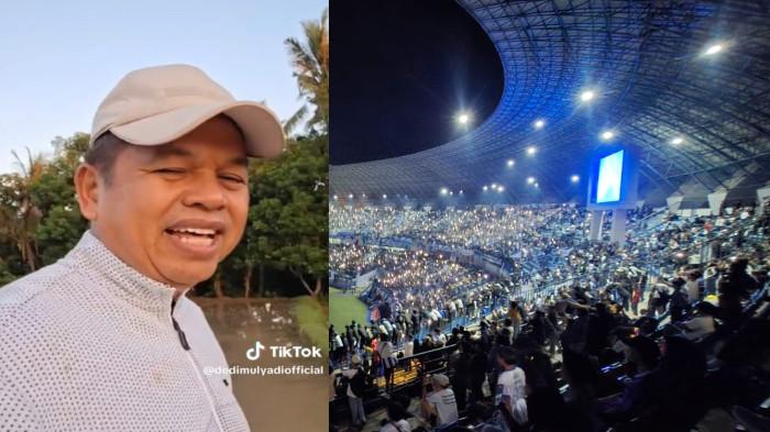 Kolase tangkapan layar video Gubernur Jabar Dedi Mulyadi dan kondisi laga Persib Bandung vs Arema FC pada di Stadion Gelora Bandung Lautan Api (GBLA), Jumat (24/4/2026). (TikTok @dedimulyadiofficial dan Tribun Jabar)
