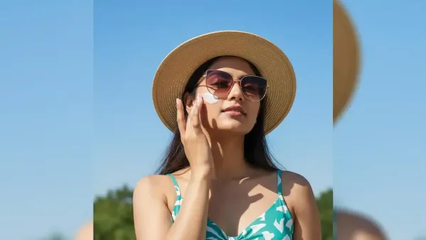 A woman wearing a sun hat and sunglasses applying sunscreen on her face outdoors under a clear blue sky.