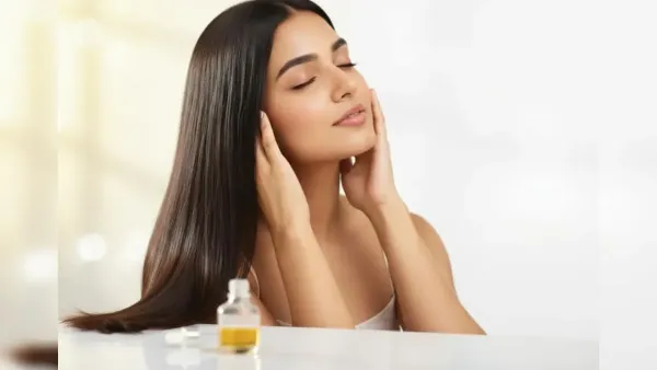 A woman with long, smooth hair gently touching her face, with a small bottle of oil placed in front.