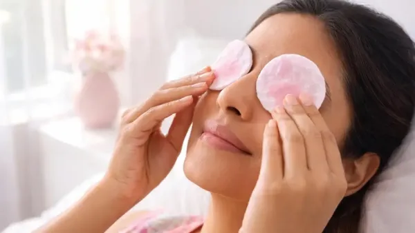 Woman placing cotton pads over her eyes during a skincare routine.