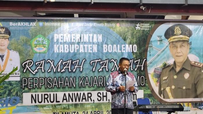 RAMAH TAMAH - Bupati Boalemo, Rum Pagau memberikan sambutan dalam acara Ramah Tamah perpisahaan Kajari Boalemo pada Jumat 24 April 2026