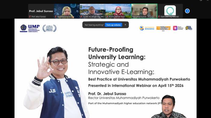 PEMBICARA - Rektor UMP, Prof. Dr. Jebul Suroso, menjadi satu pembicara dalam webinar global bertajuk 'Future-Proofing University Learning: Strategic and Innovative e-Learning' yang diselenggarakan OpenLearning pada 15 April 2026. Kegiatan ini menghadirkan akademisi dari berbagai negara.