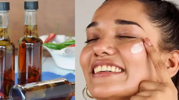 Woman applying skincare cream on her face with vinegar bottles shown alongside as a natural remedy concept