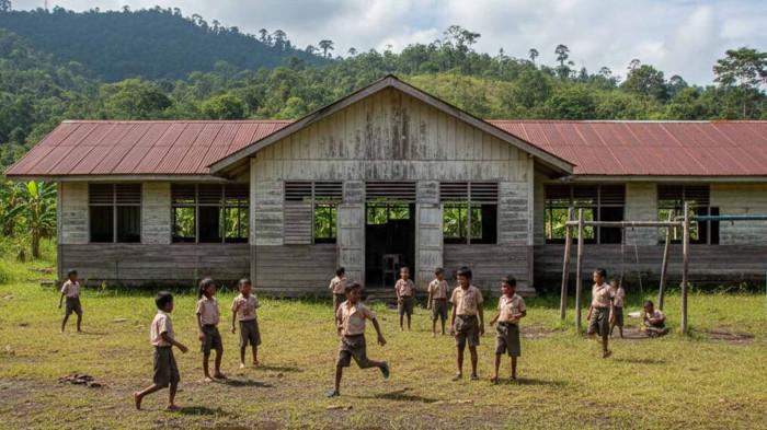 ILUSTRASI SEKOLAH PEDALAMAN - Gambar buatan AI mengilustrasikan sekolah di pedalaman yang tidak ada guru, siswa kebanyakan bermain di halaman sekolah saja. Ilustrasi ini menggambarkan keluhan orang tua murid di Distrik Kokoda Utara, Kabupaten Sorong Selatan, di mana guru dan kepala sekolah tidak masuk sekolah, mereka hadir hanya saat ulangan dan ujian saja.