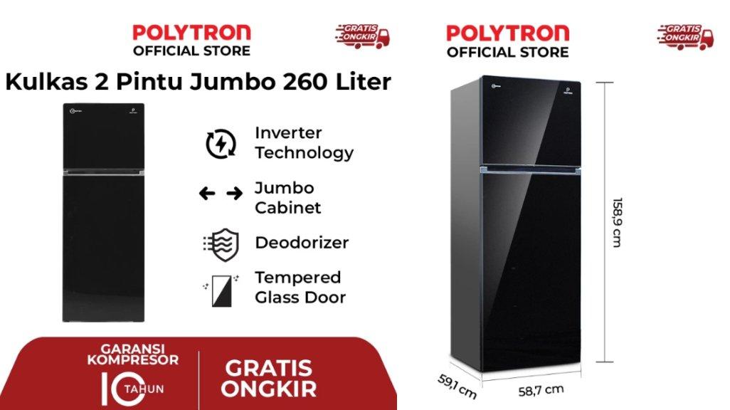 POLYTRON Belleza JUMBO Inverter Kulkas 2 Pintu 260 Liter Inverter PRW 29VX.