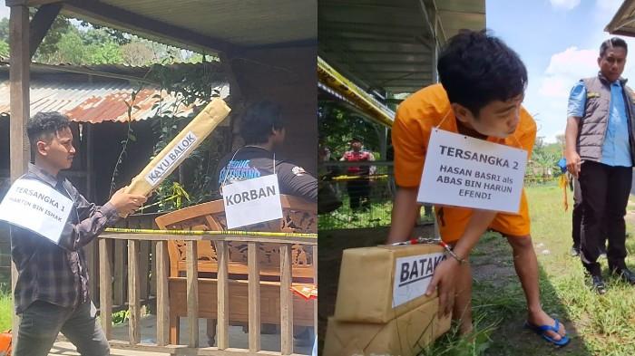 REKA ADEGAN PEMBUNUHAN - Kedua tersangka Martin dan Hasan saat melakukan rekonstruksi di TKP pembunuhan dan rumah tersangka Martin, di kawasan Dealova, Kelurahan Air Kepala Tujuh, Kecamatan Gerunggang, Pangkalpinang, Kamis (9/10/2025).