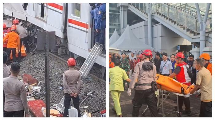 KECELAKAAN KA BEKASI - Tim gabungan dari Basarnas kembali mengevakuasi dua kantong jenazah dari lokasi kecelakaan maut tabrakan KA Argo Bromo Anggrek dengan Commuter Line di Stasiun Bekasi Timur, Kota Bekasi pada Selasa (28/4/2026) pagi.