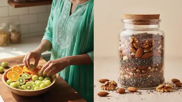 Fresh fruits being prepared alongside a jar of nuts and seeds, rich in nutrients that support collagen production.