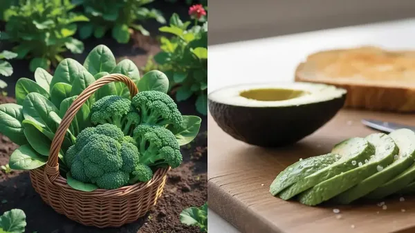 Broccoli, leafy greens, and avocado—nutrient-rich foods that help boost collagen for healthy skin.