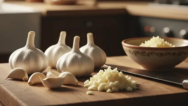 Fresh garlic cloves and chopped garlic on a cutting board, known for supporting collagen and skin health.