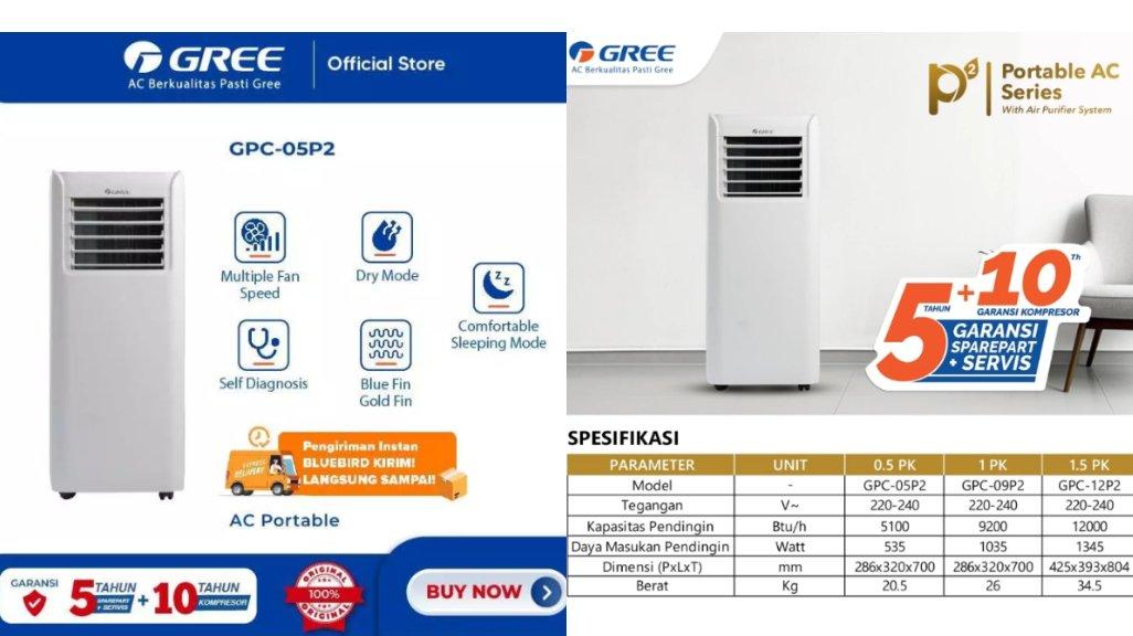 GREE AC Portable 0,5 PK - Air Purifier - Multiplen Speeds - Warna Putih - Model GPC-05P2.