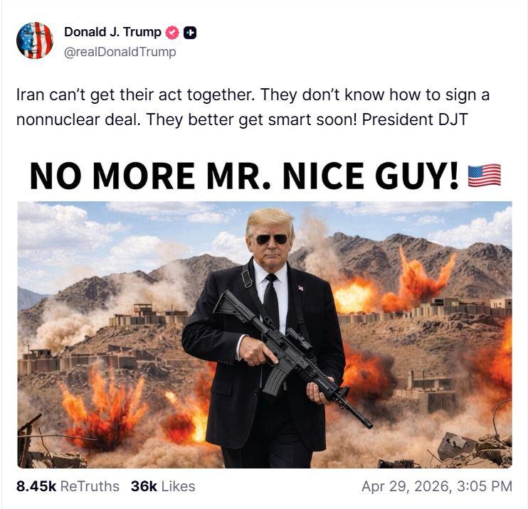 PERANG IRAN - Tangkap layar postingan media sosial Donald Trump di Truth Social, 29 April 2026.