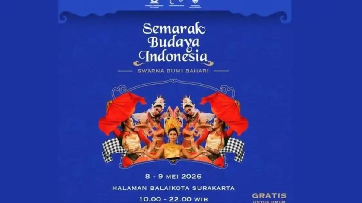 Semarak Budaya Indonesia 2026 digelar selama dua hari pada 8 hingga 9 Mei 2026, acara ini akan berlangsung di Halaman Balaikota Surakarta mulai pukul 10.00 hingga 22.00 WIB.