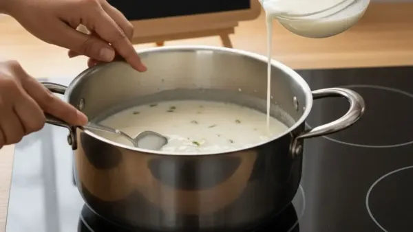 A person pouring fresh white milk into a stainless steel pot on a black stovetop for cooking recipes.