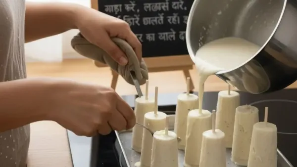 A person pouring a thick creamy kulfi mixture from a stainless steel pot into traditional popsicle molds.