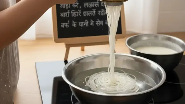 White falooda sev noodles being pressed into a bowl of cold water using a traditional metal noodle maker.