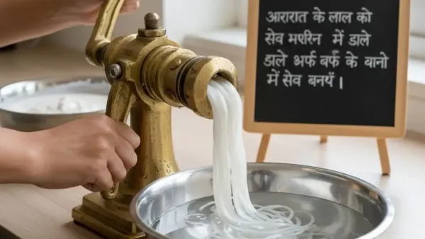 A brass noodle maker pressing fresh white falooda sev into a metal bowl filled with cold water.