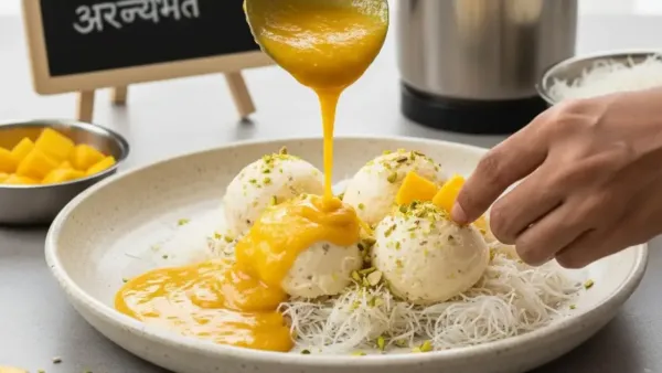 Thick yellow mango pulp being poured over kulfi scoops and falooda noodles garnished with chopped pistachios and mango.