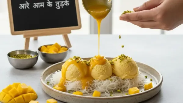 Mango syrup pouring over three kulfi scoops on falooda noodles with chopped pistachios and fresh mango cubes.
