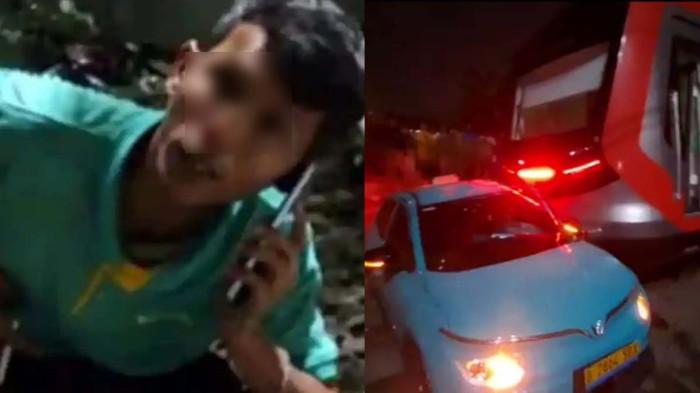 GELAGAT - Sopir taksi hijau Green SM Indonesia kebingungan saat mobilnya ditabrak KRL rute Bekasi-Jakarta di rel perlintasan kereta api tepatnya di JPL 85 Bekasi. 