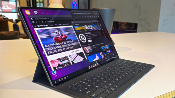 Samsung Galaxy Tab S9 Ultra tablet posed on table