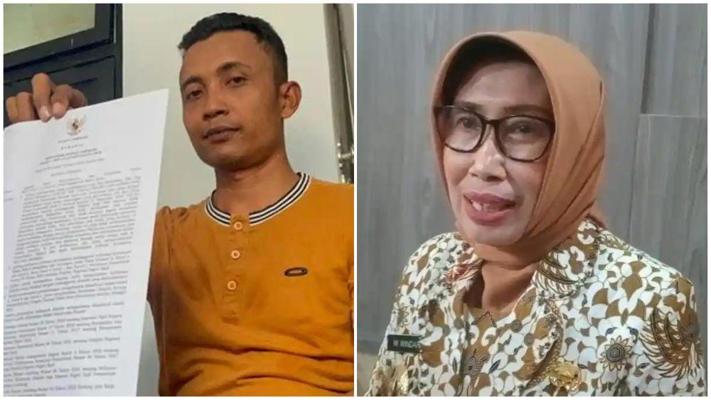 Guru aparatur sipil negara (ASN) di Kabupaten Jombang, Yogi Susilo, resmi diberhentikan dengan hormat tidak atas permintaan sendiri (PDH) setelah tercatat tidak masuk kerja selama 181 hari sepanjang 2025 (kiri) dan Kepala Dinas Pendidikan dan Kebudayaan (Disdikbud) Kabupaten Jombang Wor Windari (kanan)