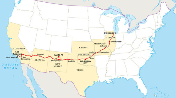 Map illustrating U.S. Route 66 from Chicago, Illinois, to Santa Monica, California.