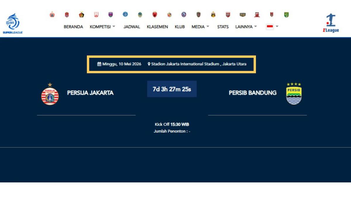 PERSIJA JAKARTA VS PERSIB BANDUNG - Menurut laman Ileague.id, pertandingan Persija Jakarta Vs Persib Bandung pada Minggu, 10 Mei 2026 mendatang akan digelar di JIS (Jakarta International Stadium).