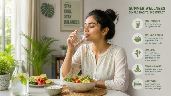 Woman maintaining hydration and healthy lifestyle during summer heat