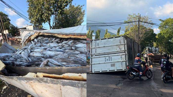 Peti kemas truk kontainer berisi ikan beku jatuh di Kecamatan Maesa, Bitung