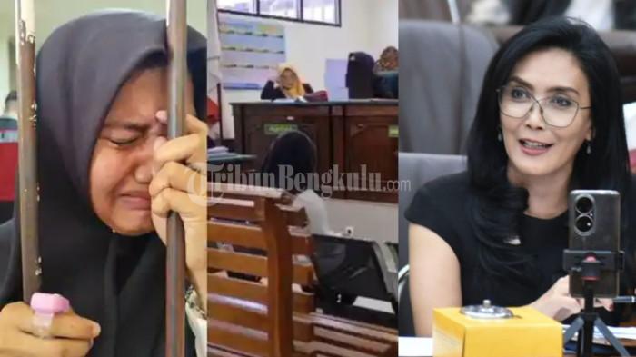 SIDANG REFPIN: (Kiri) Terdakwa Refpin Akhjaina Juliyanti menangis saat menjalani persidangan di Pengadilan Negeri Bengkulu. (Kanan) Anggota DPR RI Rieke Diah Pitaloka yang mengajukan surat jaminan penangguhan penahanan bagi Refpin dalam proses persidangan.