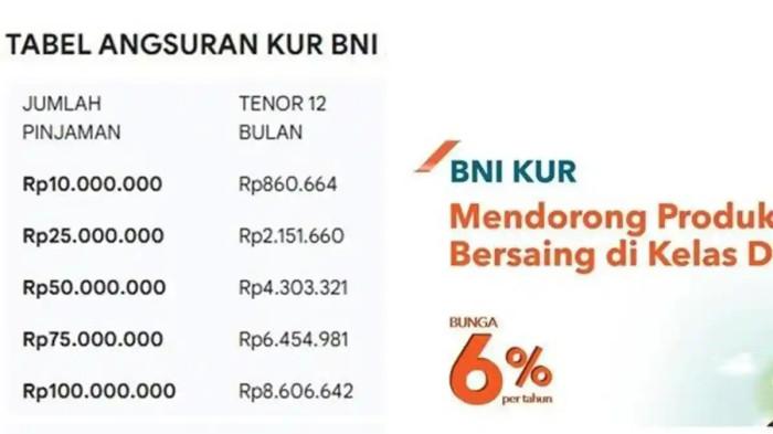 PINJAMAN - Simulasi Cicilan KUR BNI 2026: Pinjam Rp10 Juta hingga Rp100 Juta, Angsuran Mulai Rp860.664. Program ini menawarkan pinjaman modal usaha dengan plafon mulai dari Rp10 juta hingga Rp500 juta, didukung suku bunga rendah sekitar 6 persen per tahun serta pilihan tenor fleksibel dari 12 hingga 60 bulan. 