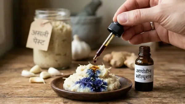 Iodine test on ginger garlic paste showing a positive blue reaction in one bowl and negative in another