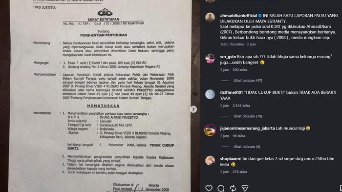 AKUN INSTAGRAM AKTIF LAGI - Ahmad Dhani kembali mengakses akun Instagram pribadinya setelah sempat hilang selama dua hari, lalu mengunggah dokumen lama terkait laporan Maia Estianty yang kembali memicu polemik.