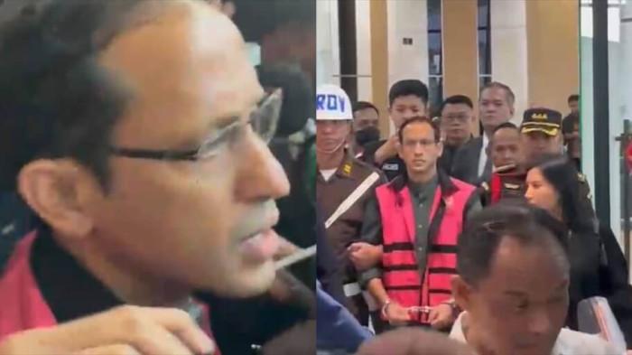 NADIEM TERSANGKA - Momen eks Mendikbudristek Nadiem Makarim mengenakan rompi tahanan berwarna usai ditetapkan sebagai tersangka korupsi pengadaan chromebook. Berwajah tegang, Nadiem sempat berbicara saat dibawa masuk ke dalam mobil tahanan di Gedung Jampidsus Kejaksaan Agung, Jakarta, Kamis (4/9/2025). TribunJakarta/Dwi Putra Kesuma