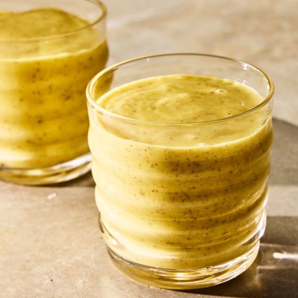 A recipe image of Pineapple, Mango & Peach Chia Smoothie. Credit: Photographer: Morgan Hunt Ward, Prop Stylist: Priscilla Montiel, Food Stylist: Chelsea Zimmer.