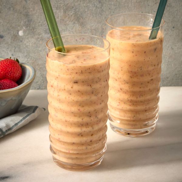 Two glasses of smoothie with straws next to a dish of strawberries Credit: Photographer: Jen Causey, Food Stylist: Jennifer Wendorf, Prop Stylist: Josh Hoggle.