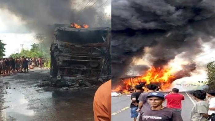 BUS KECELAKAAN MAUT -- Kondisi bus ALS yang mengalami kecelakaan lalu terbakar di Simpang Danau Kecamatan Karang Jaya, Muratara, Rabu (6/5/2026). Berdasarkan informasi dari keterangan polisi, pengemudi mobil tangki Seleraya, Yanto, dan penumpangnya, Martini, dilaporkan tewas terbakar di dalam setelah kendaraan mereka dihantam bus ALS yang keluar jalur