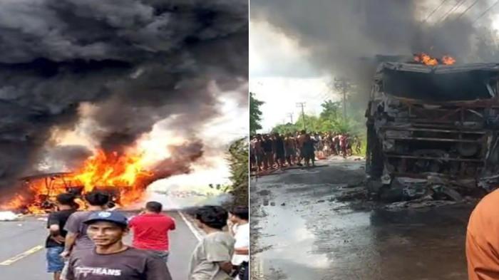 BUS KECELAKAAN MAUT -- Kondisi bus ALS yang mengalami kecelakaan lalu terbakar di Simpang Danau Kecamatan Karang Jaya, Muratara, Rabu (6/5/2026). Berdasarkan informasi dari keterangan polisi, pengemudi mobil tangki Seleraya, Yanto, dan penumpangnya, Martini, dilaporkan tewas terbakar di dalam setelah kendaraan mereka dihantam bus ALS yang keluar jalur