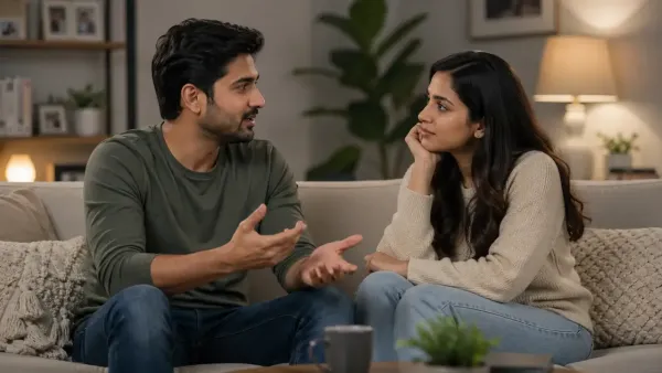 imagYoung husband and wife sitting on a sofa while having a deep and meaningful conversation at home.e (5)