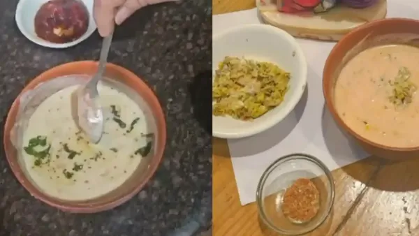 घरगुती मलईयुक्त ड्रमस्टिक रायता हिरव्या औषधी वनस्पती आणि मसाल्यांनी सजवलेले पारंपरिक माती आणि काचेच्या भांड्यात दिले जाते.